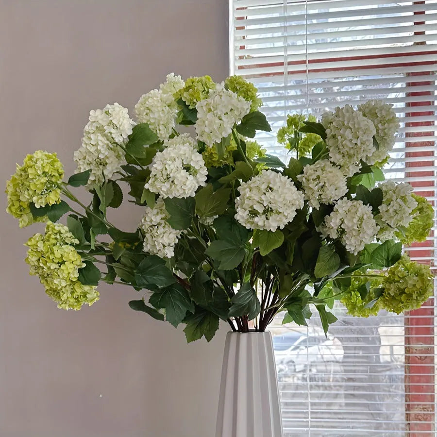 Artificial hydrangea with long branches silk flower decoration prop in white and green for weddings photography
