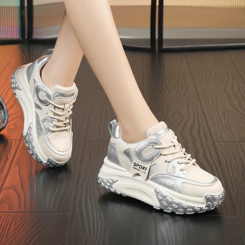 Leather sports casual shoes with a wedge heel and round toe in a choice of four colours.