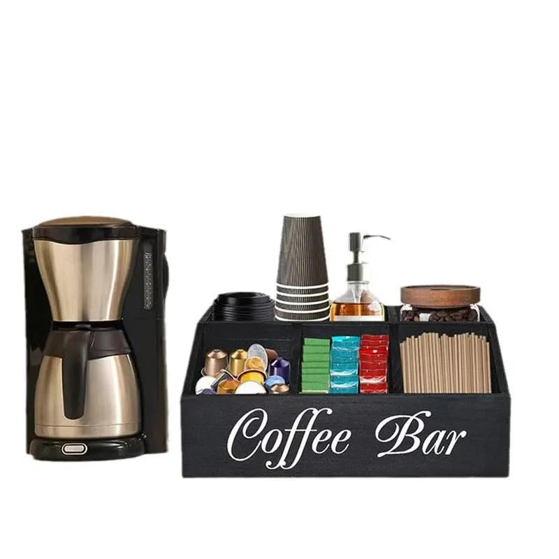 Wooden grid coffee pod storage box desktop organizer lidless compartments 30x19.5x12cm black colour