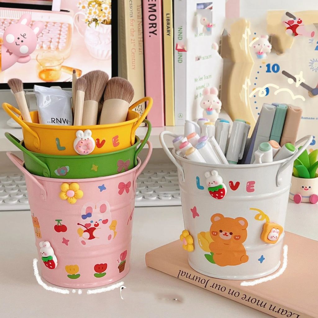 Round creative iron art metal pen holder in pink, green, red, white, and yellow colour options.