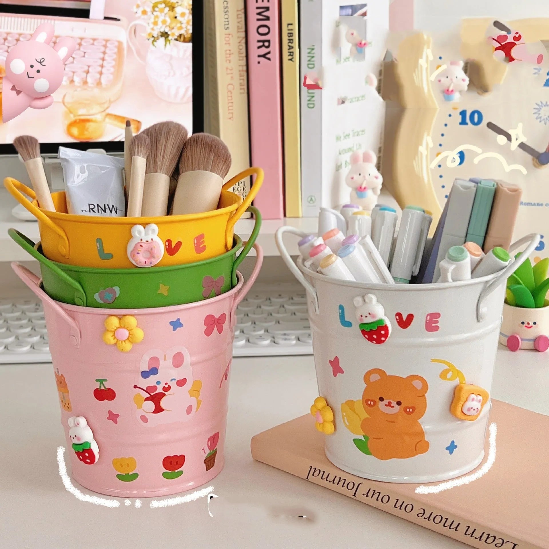 Round creative iron art metal pen holder in pink, green, red, white, and yellow colour options.