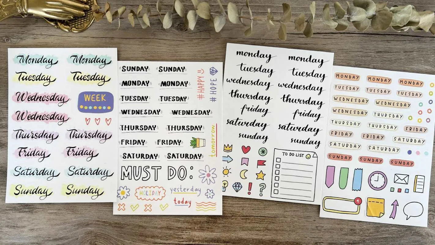 A4 sheet of colourful English alphabet, number, and word stickers in a cute style for decoration and organisation.