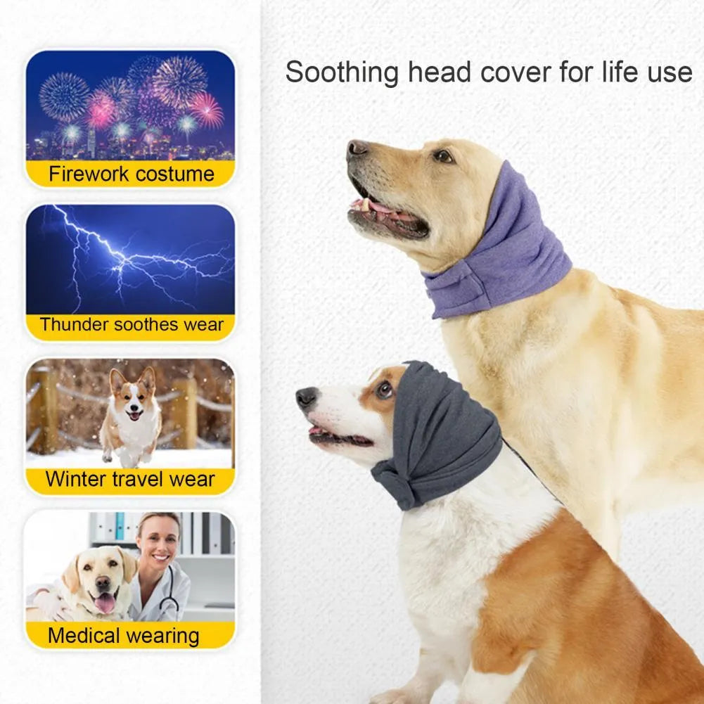 Dog wearing black calming hoodie covering ears with multi-purpose design for noise reduction and hair management