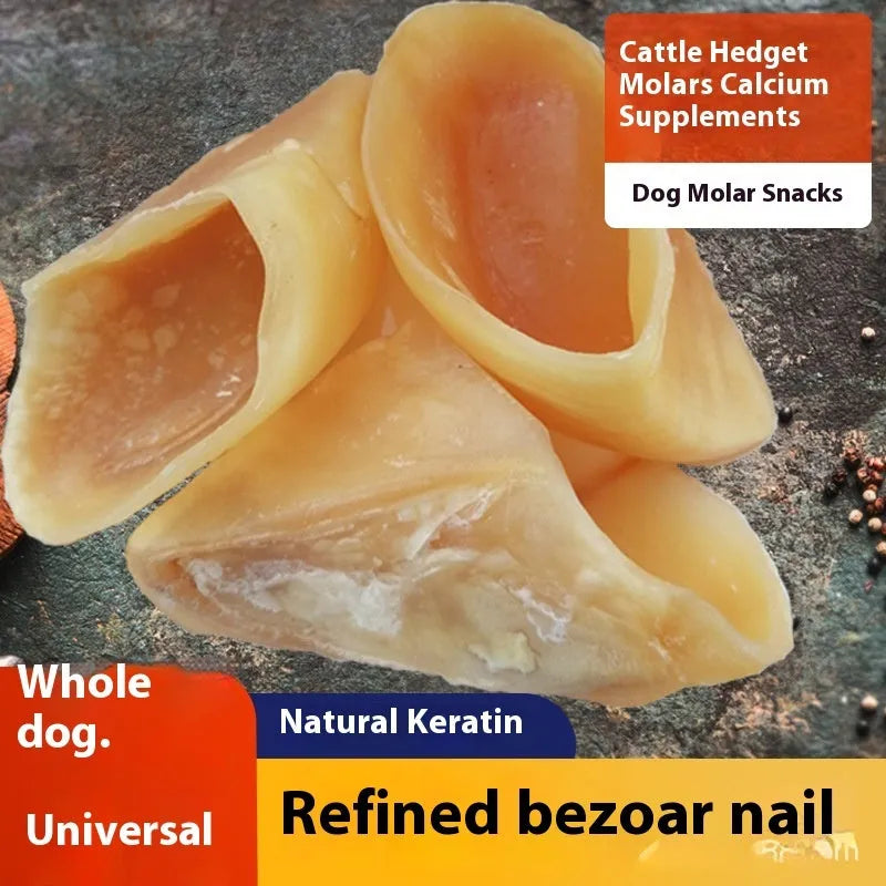Natural cowhide dog chew snack in hoof shell colour for small and large breed sizes.