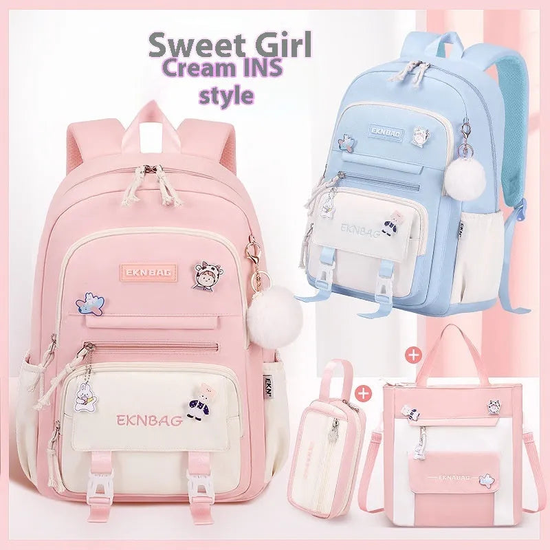 Pink waterproof Oxford cloth school backpack for girls with curved shoulder straps.