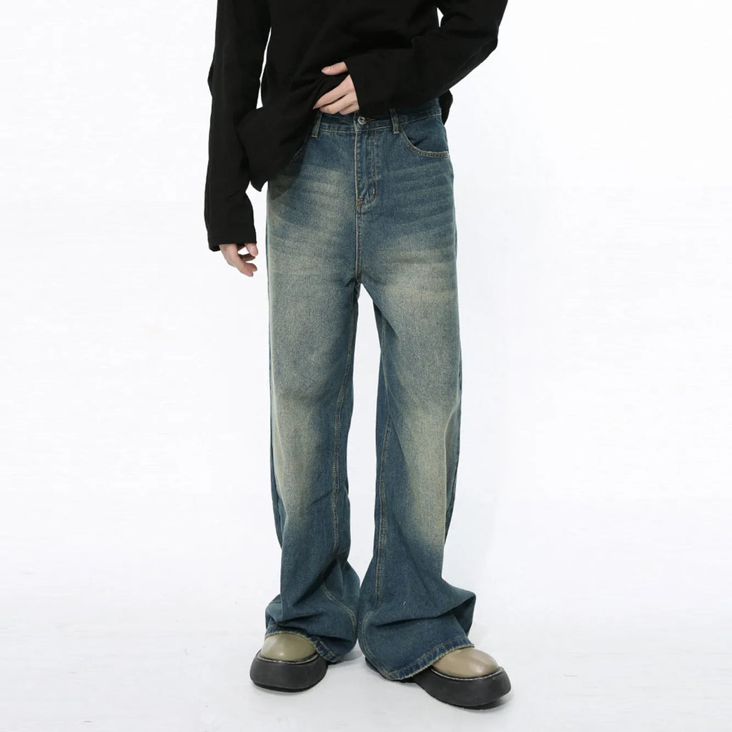 Men's retro washed straight leg jeans in dark blue, loose fit, mid waist, cotton blend denim