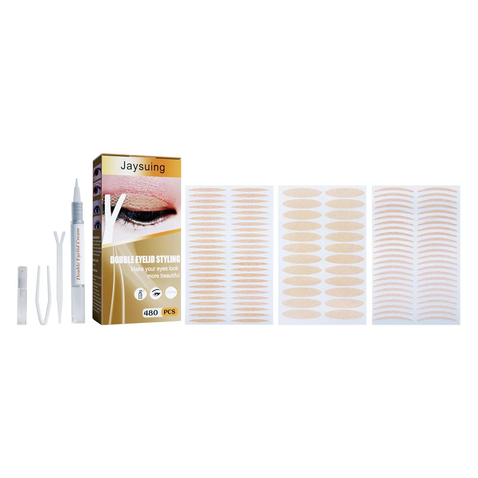 Double eyelid sticker set with 480 invisible pieces, Y clip, small clip, spray bottle and styling cream for natural eyelid crease