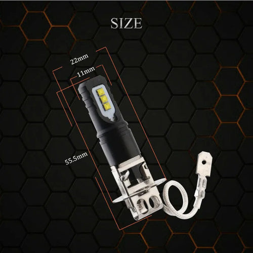 Aluminium alloy car fog light bulb for H1 and H3 fittings with white light.