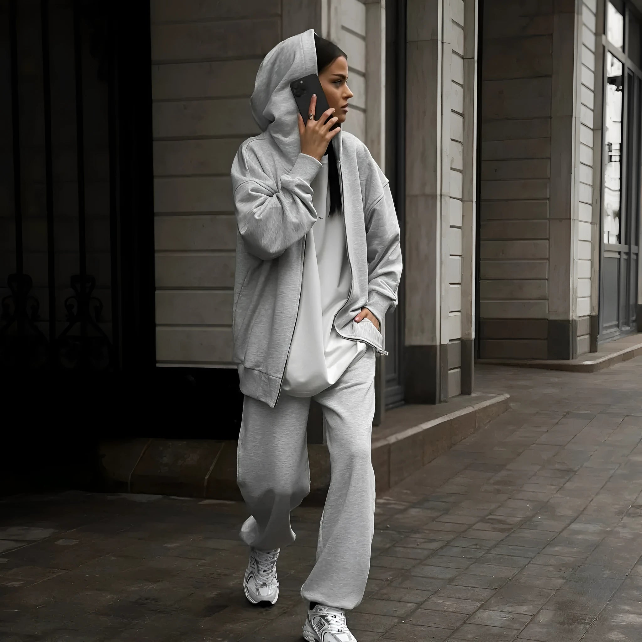 Red loose fit long sleeve coat and trousers two-piece women's street style set