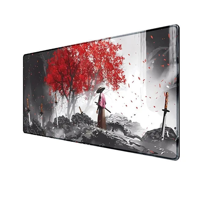 Japanese samurai pattern gaming mouse pad on desk with computer mouse