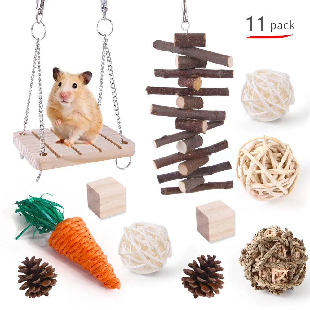 Assortment of natural wooden and woven grass chew toys for small pets like rabbits and guinea pigs