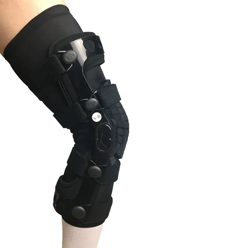 Black hinged knee pad and supporter for anterior ligament, shown with iron and plastic side hinges.