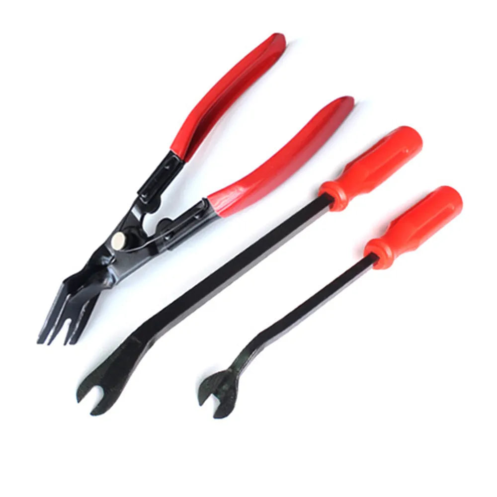 Red-handled steel pliers for automotive door panel clip fastening on GM vehicles.