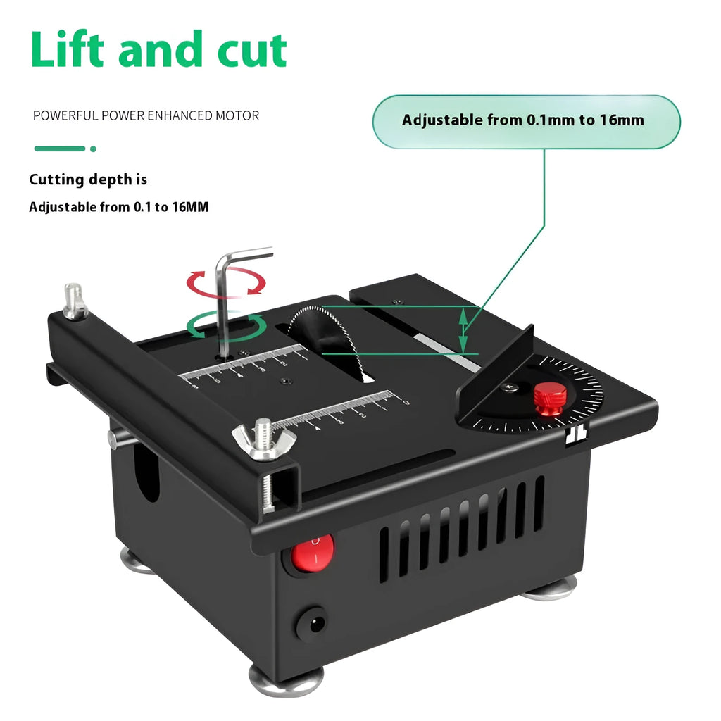Lithium ion desktop saw with metal construction and 5 angle attachments on workbench