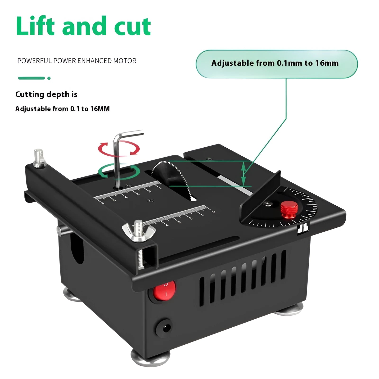 Lithium ion desktop saw with metal construction and 5 angle attachments on workbench
