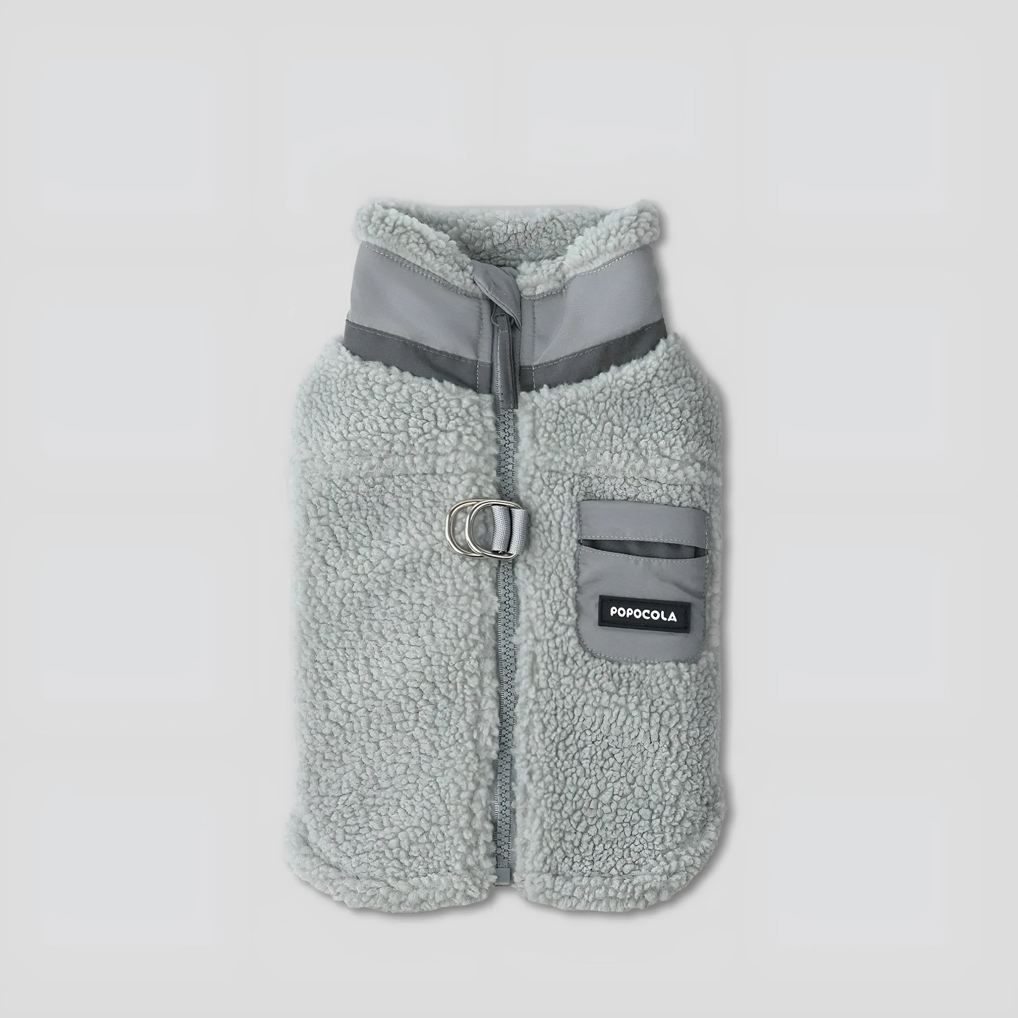 Grey lambswool traction vest for small to extra large dogs, front view