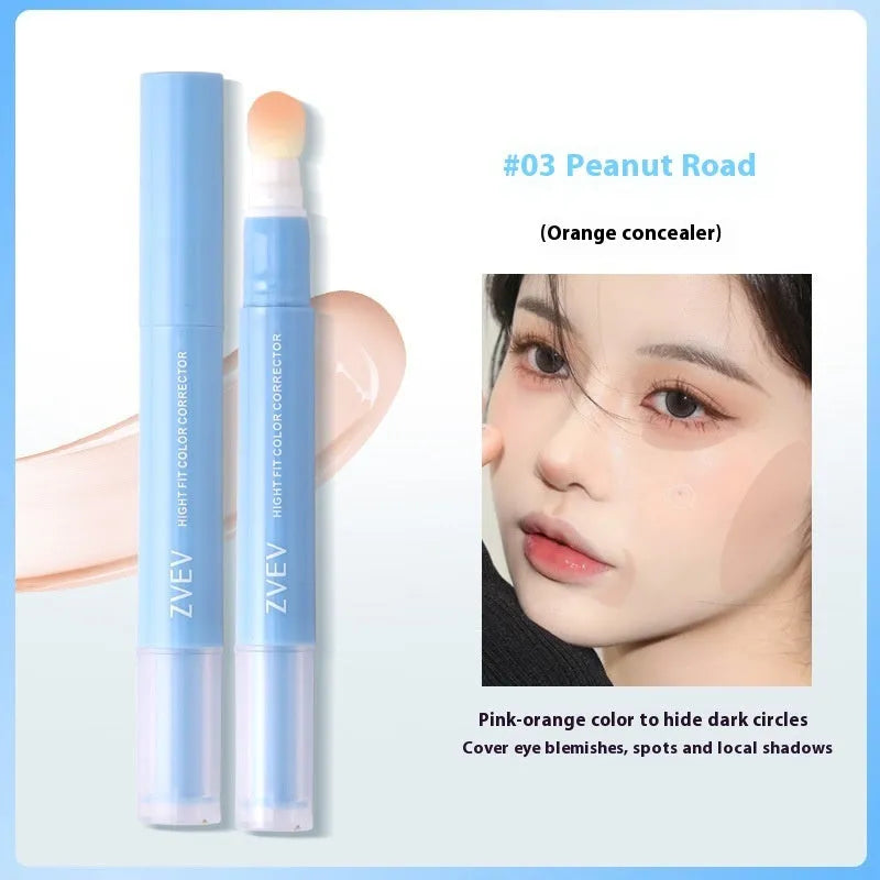 Concealer cream tube with sponge brush head applicator showing three colour shades