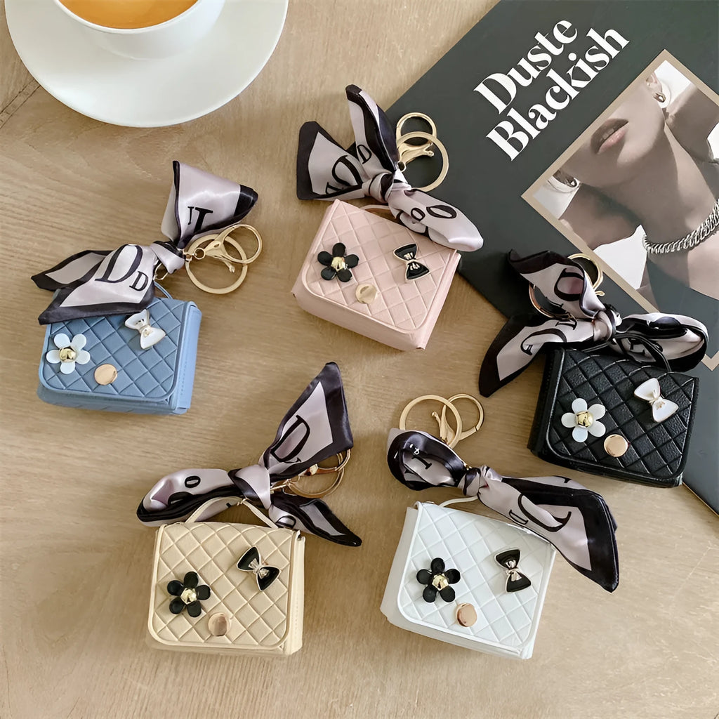 Simulated leather earphone bag for AirPods Universal in pink silk scarf design with soft shell finish