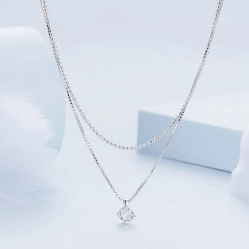 S925 sterling silver double-layer pearl chain necklace with shining pendant in silver colour