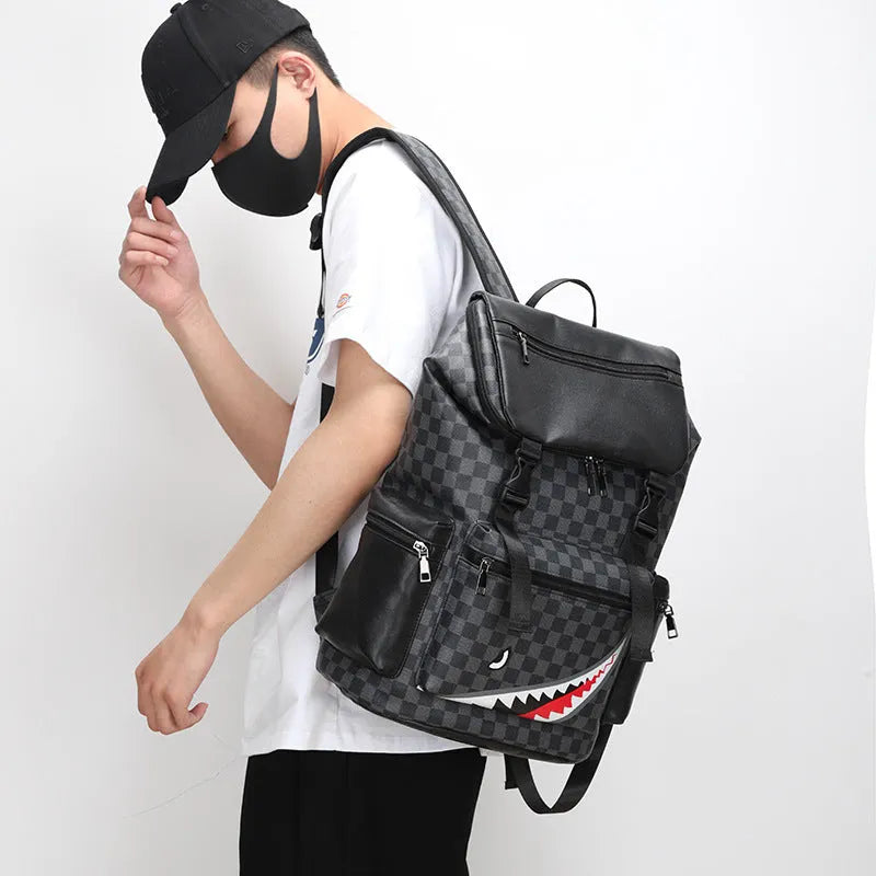 Korean style checkered pattern PU leather backpack with curved shoulder straps