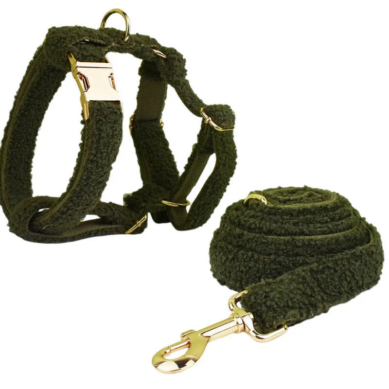 Army green velvet-look polyester dog collar, lead, bow and vest four-piece pet set in sizes XS to XL