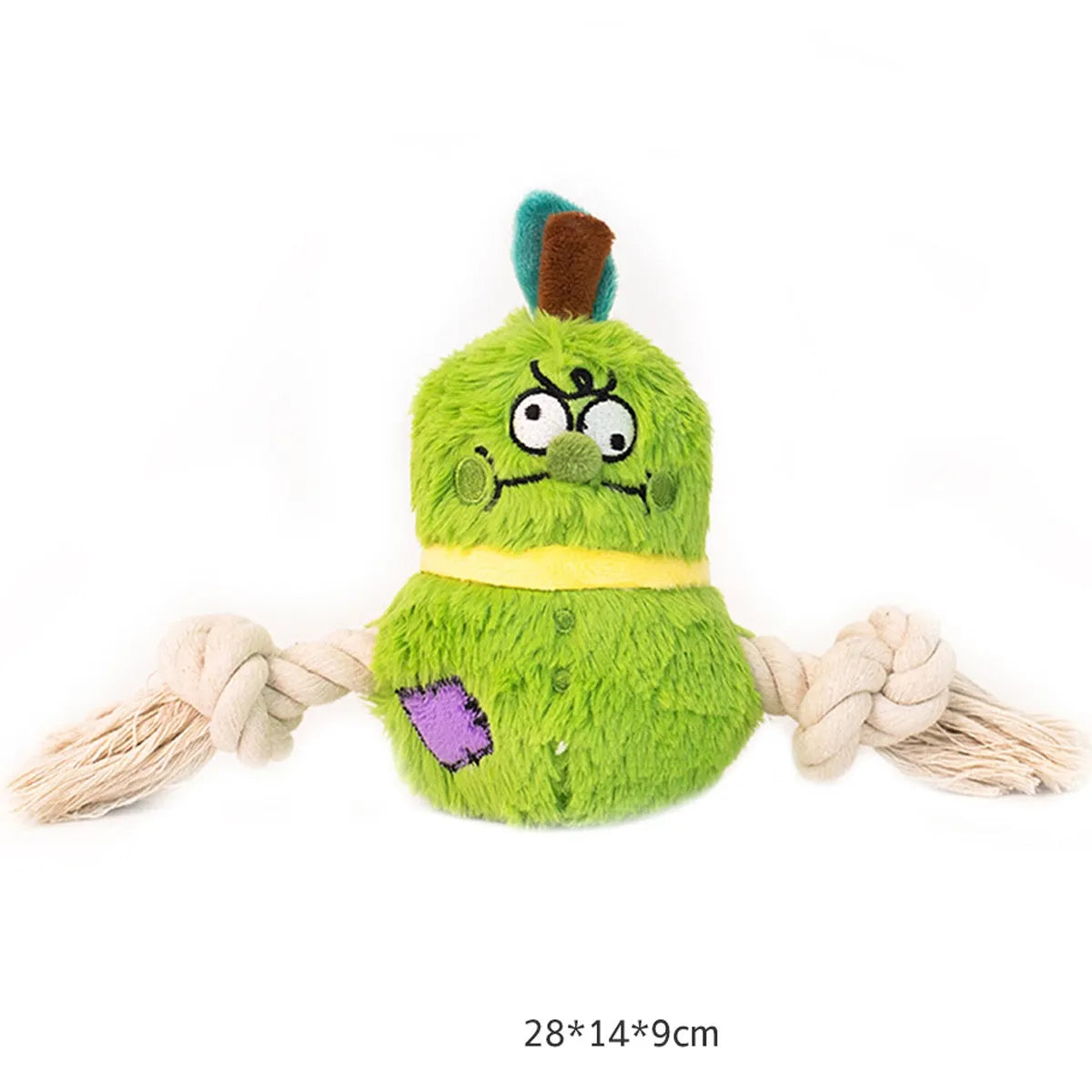 Green and purple interactive plush rope knot dog toy for tug of war and chewing.