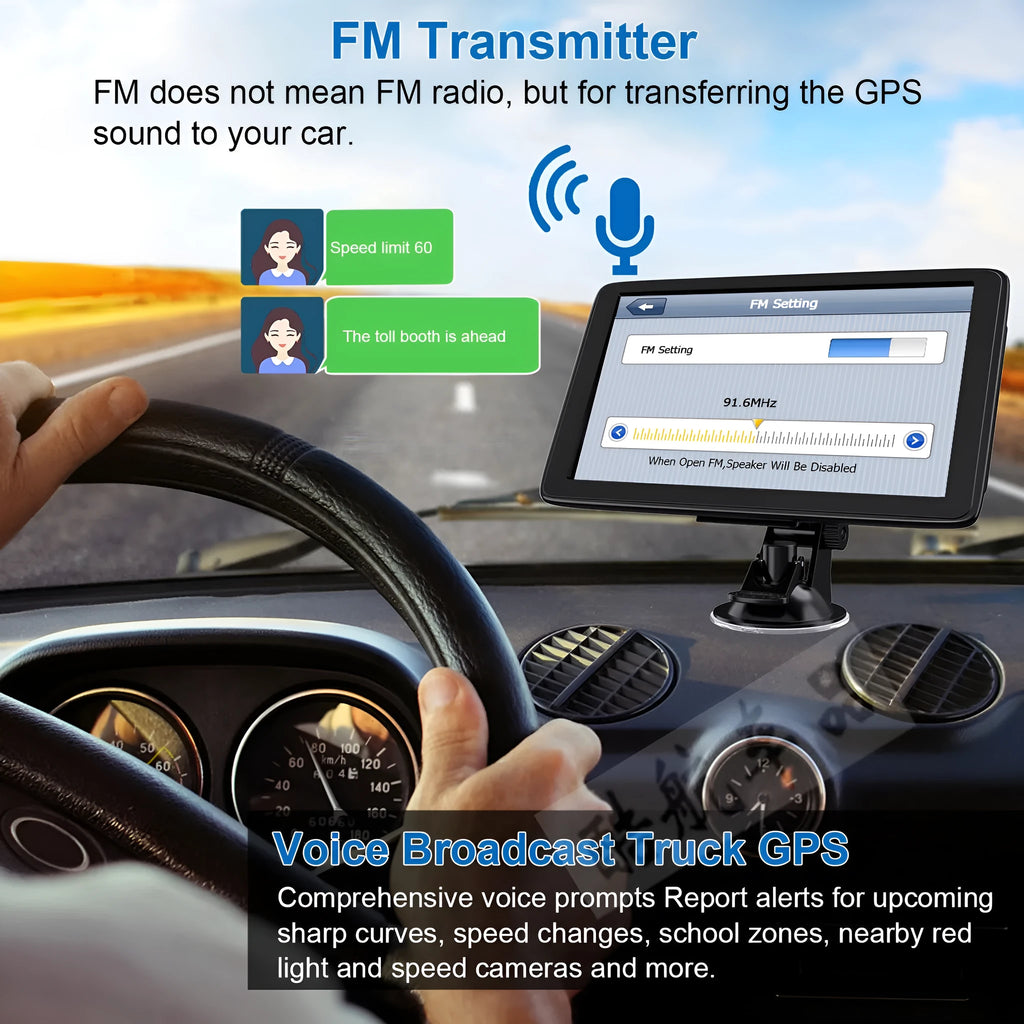 7-inch portable car GPS navigation device with HD touchscreen display on dashboard mount