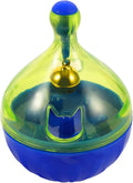 Blue and white tumbler-shaped pet treat dispenser toy on a wooden floor.