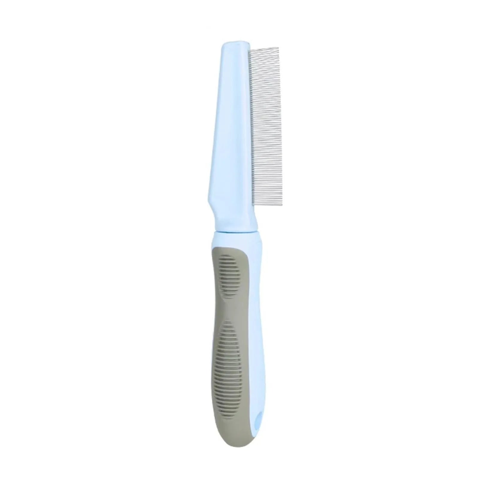 Blue pet detangler comb with rubber handle showing three comb teeth configurations