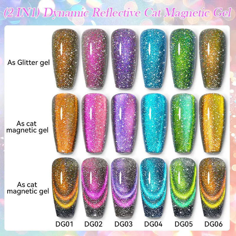 Bottle of Diamond In The Debris Cat Eye Series Nail Polish Gel showing glitter and diamond fragments, with six colour options displayed.