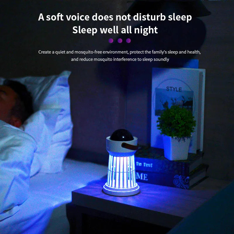 White 2-in-1 electric mosquito killer lamp with star projection feature and folding handle