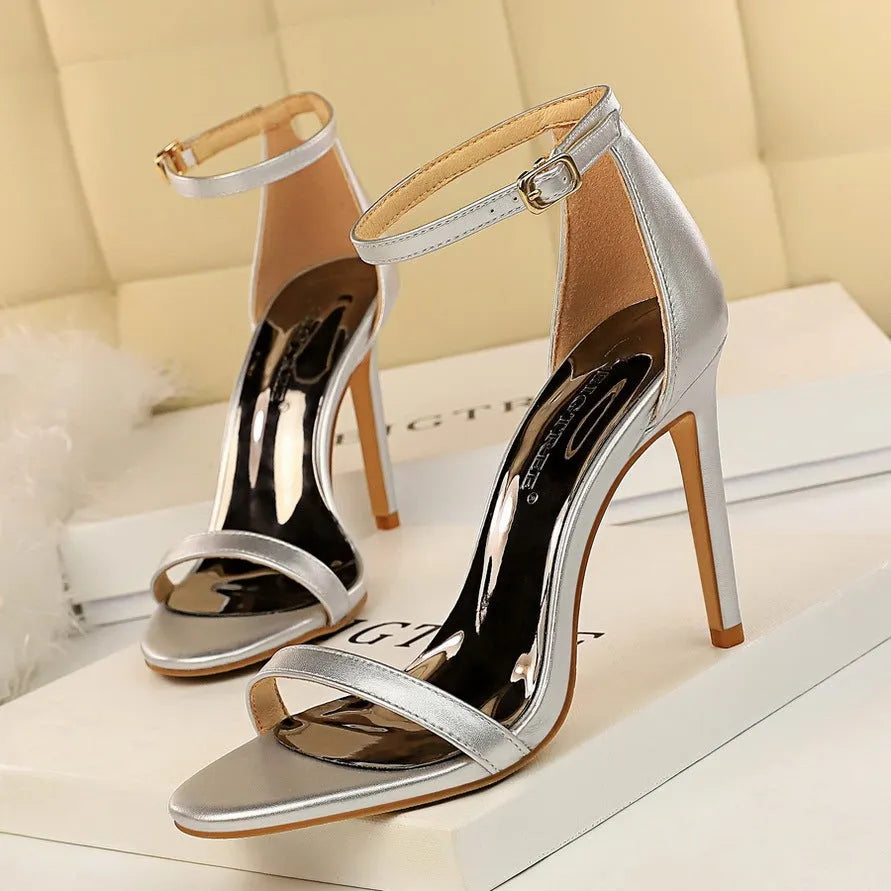 Women's open toe high heel sandals with buckle ankle straps in six colour options