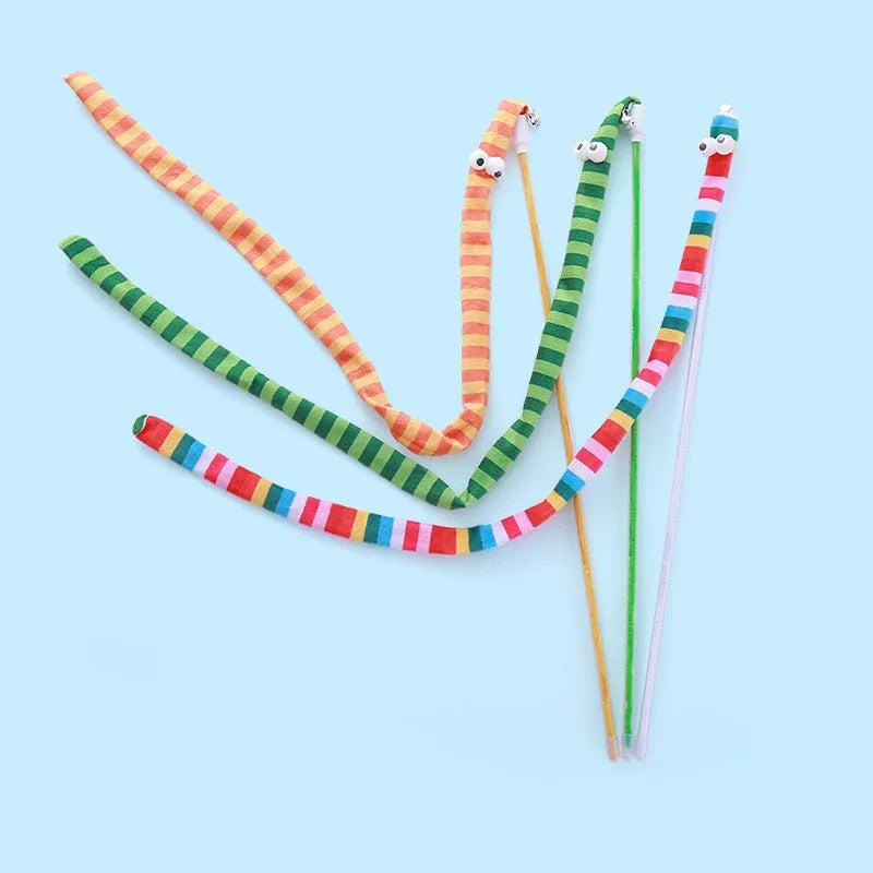 Cat wand teaser toy with long plush strip on a polycarbonate pole, shown in vibrant colours.