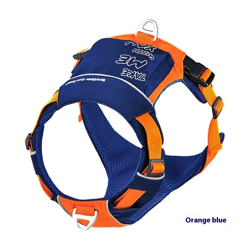 Adjustable nylon dog chest strap harness in vest style with hand rope attachment in orange blue colour
