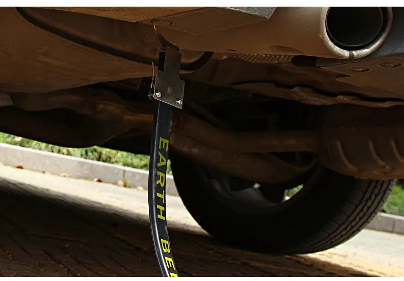 Black rubber car electrostatic grounding belt with metal clip and chain, 37cm long, for static discharge.