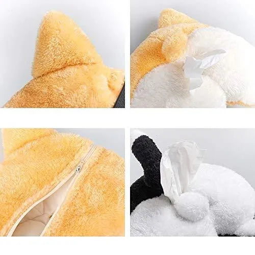 Soft yellow corgi butt-shaped tissue box cover with elastic strap for car sun visor.
