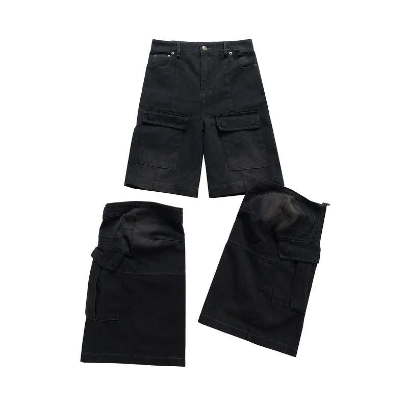 Cotton denim detachable overalls with washed-out finish and multiple pockets in black colour option