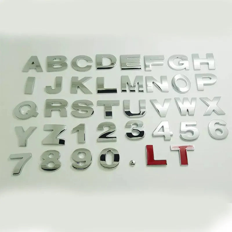 Zinc alloy metal car sticker with 3D raised English letter measuring 2.5cm in black finish