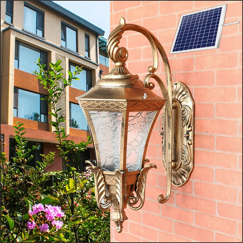European-style black outdoor courtyard wall lamp with solar panel and traditional design