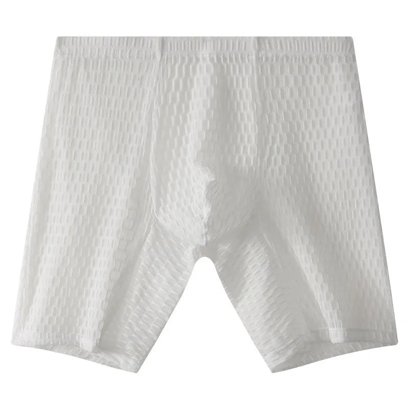 Men's white lace boxer shorts with a lengthened leg and mid-waist design on a plain background.