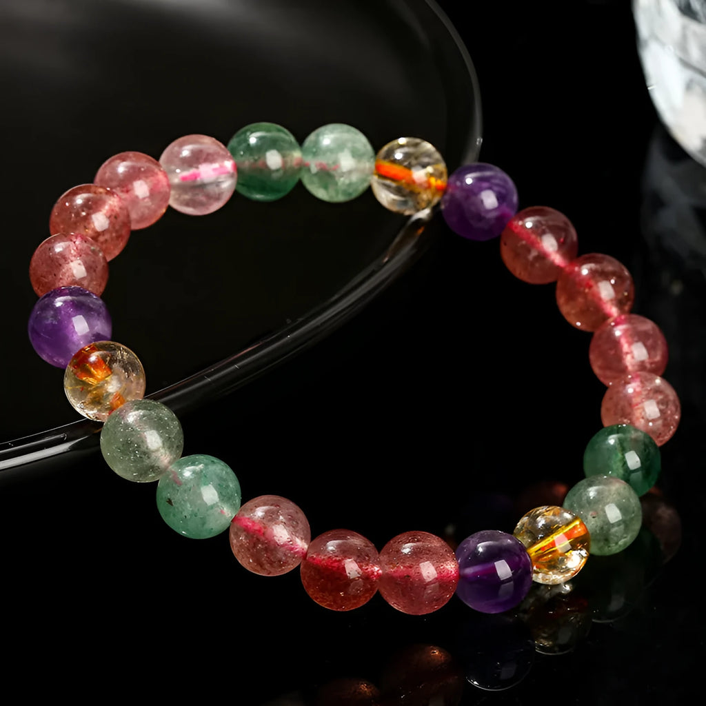 Strawberry quartz bracelet with round 7mm, 8mm, or 9mm beads and natural tourmaline colour styling