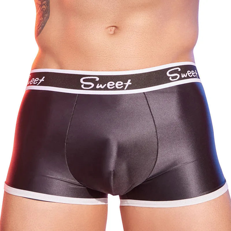 Men's silky shiny nylon boxer shorts in black, white and sapphire blue colours