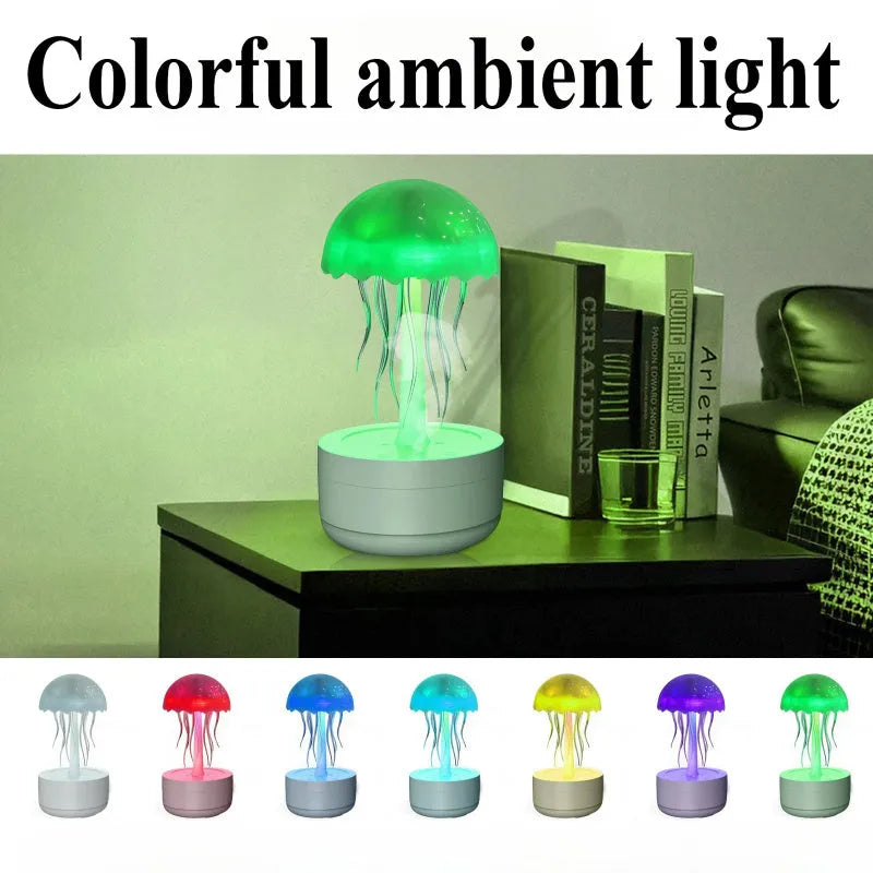 White jellyfish design humidifier diffuser with colourful night lights on desk