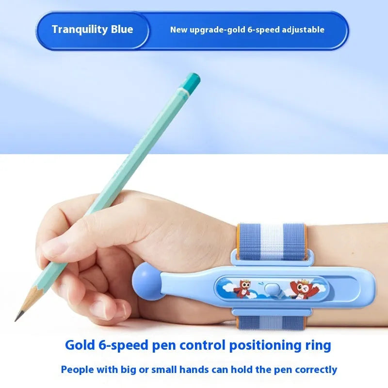 Blue and pink anti-hook wrist brace pen grip corrector for children's handwriting, made from white ABS nylon.