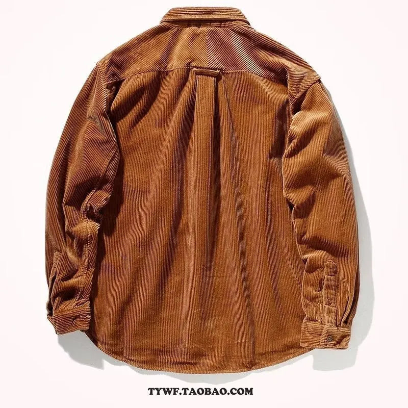 Men's caramel loose corduroy shirt with long sleeves in a cardigan style