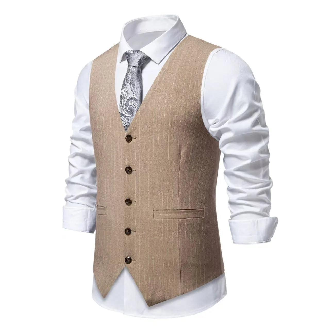 Men's striped polyester suit vest in black, khaki, or red with non-ironing finish