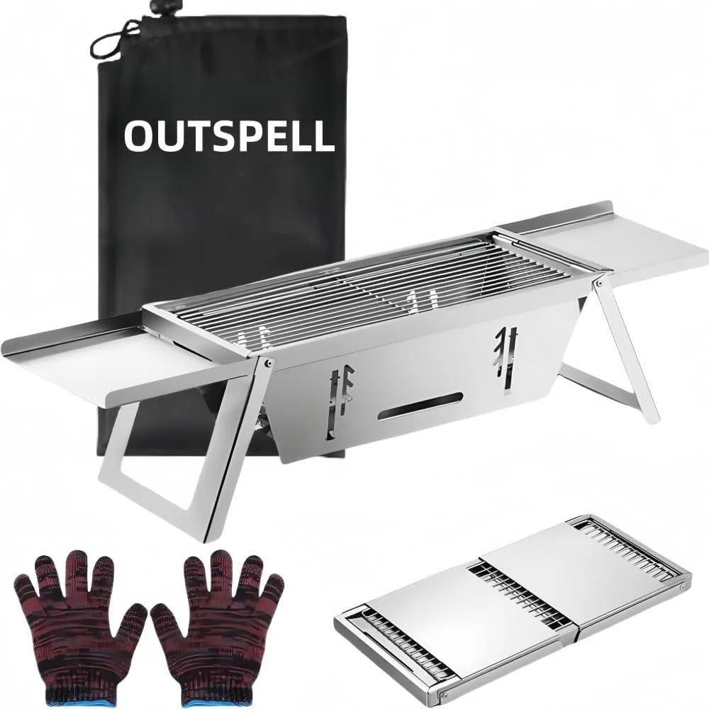 Small portable charcoal grill shown in a folded position for easy transport.