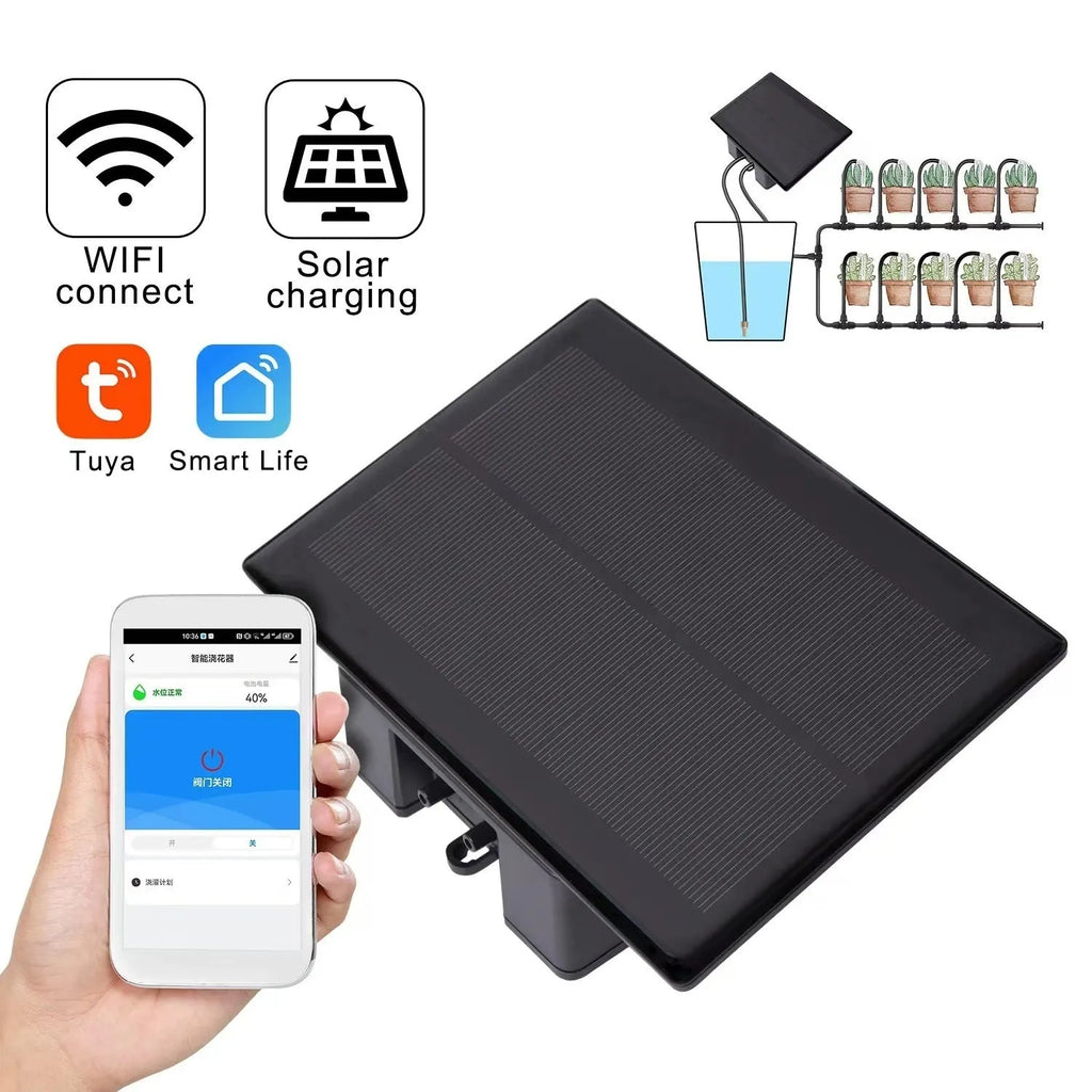 WiFi control automatic watering system with black tube and 10 adjustable drippers on a garden bed