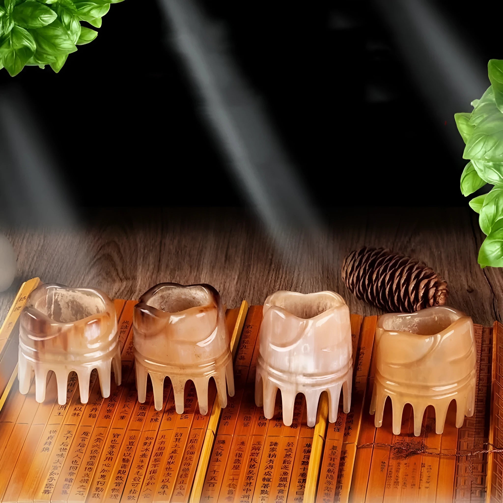 Natural black buffalo horn meridian massage comb with half-wide teeth and pointed tip design