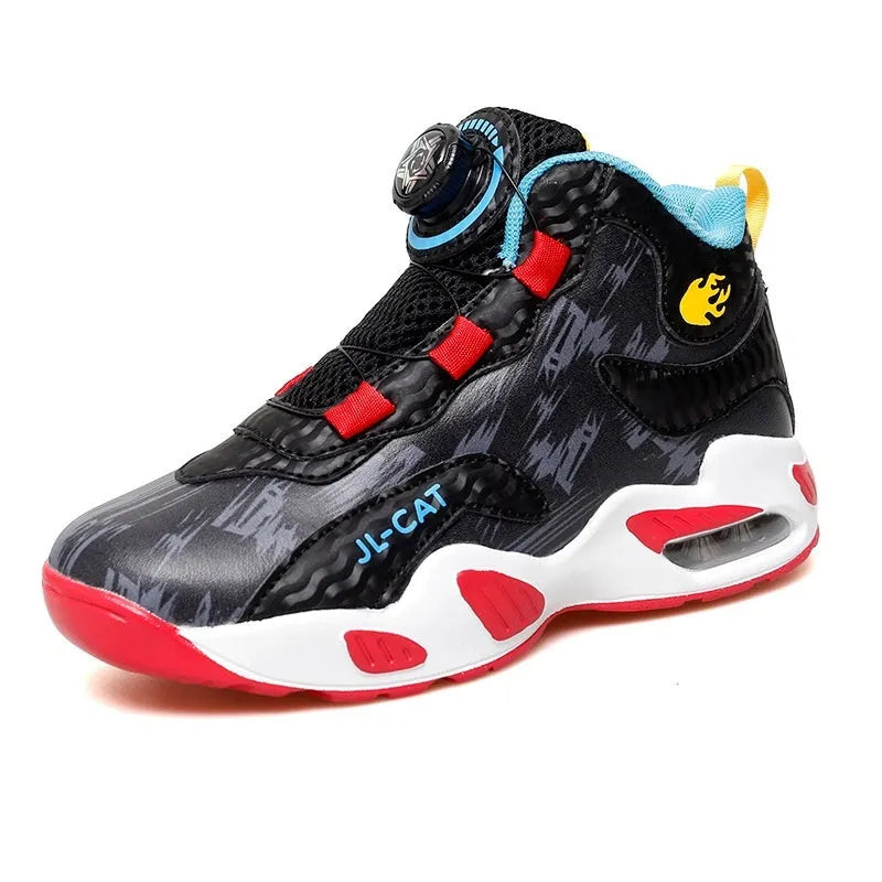 Children's black running shoes with a rotating button closure and cushion basketball design on a white background.